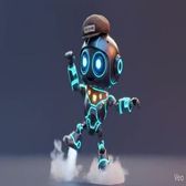 Spark the robot celebrating with his arms up
