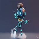Spark the robot celebrating with his arms up